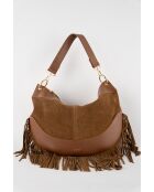 Kael Schultertasche aus Samt mit kamelfarbenen Fransen - 28x44x2 cm