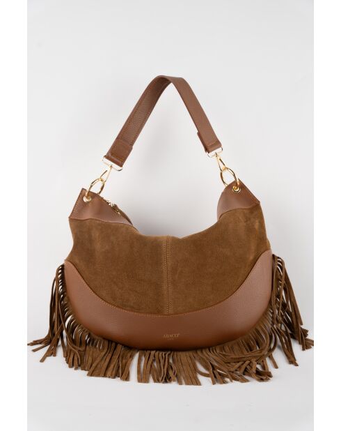 Kael Schultertasche aus Samt mit kamelfarbenen Fransen - 28x44x2 cm