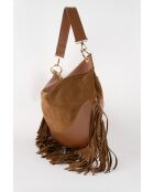 Kael Schultertasche aus Samt mit kamelfarbenen Fransen - 28x44x2 cm