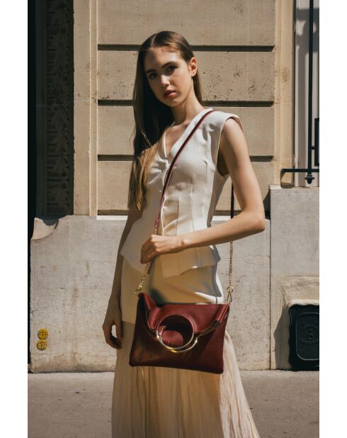 Sac bandoulière en Cuir Jany bordeaux - 29x31,5x2 cm