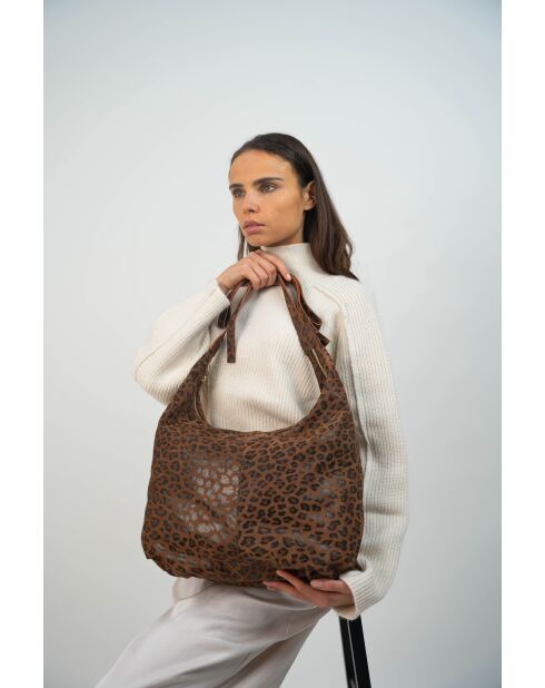 Kaelis Schultertasche aus Samt aus Leder mit braunem Leopardenmuster - 47x35x6 cm