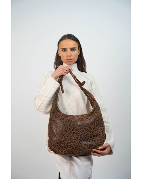 Kaelis Schultertasche aus Samt aus Leder mit braunem Leopardenmuster - 47x35x6 cm