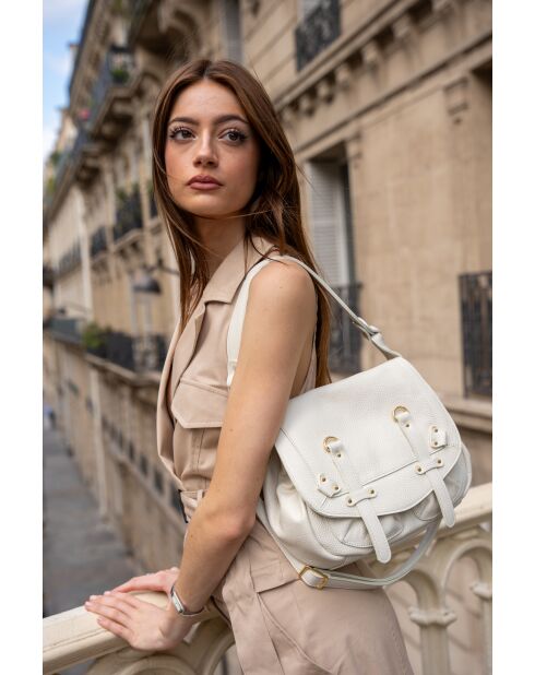 Gebroken witte mini familieleren schoudertas - 25x22x7 cm