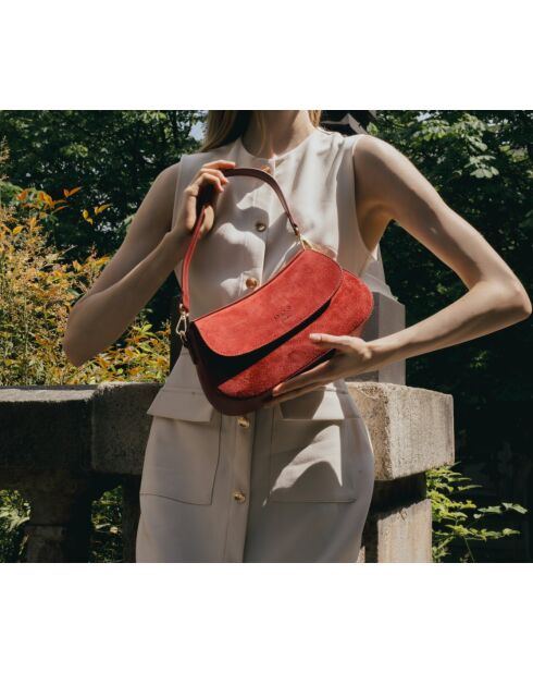 Sac porté épaule en Velours de Cuir Cyra Bordeaux - 27x14x6 cm