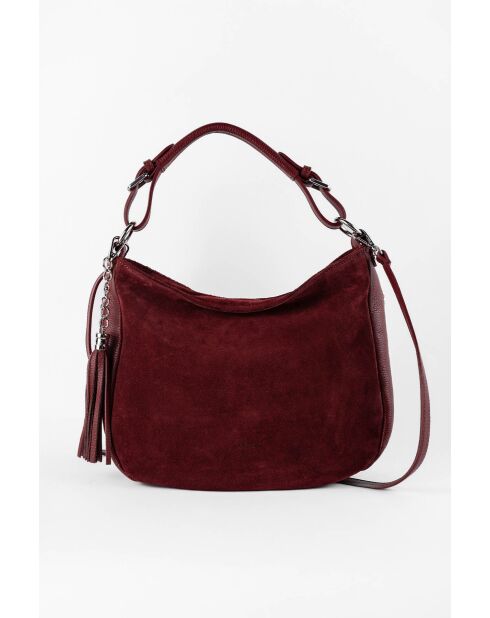 Sac porté épaule en Velours de Cuir Kai Bordeaux - 30x25x10 cm