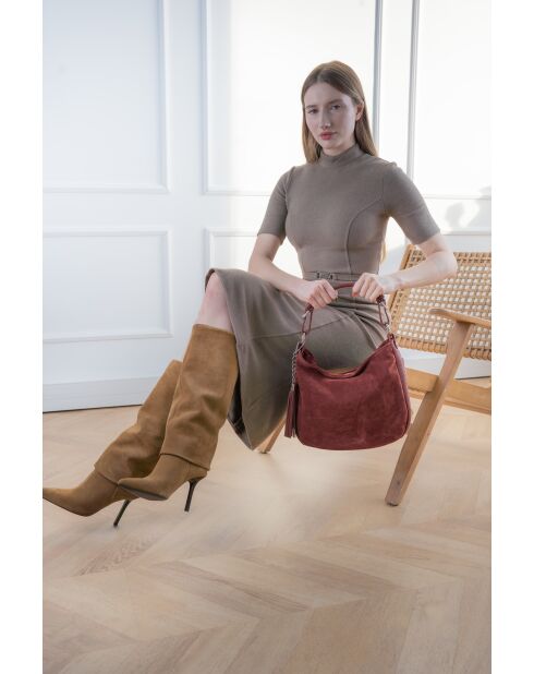 Sac porté épaule en Velours de Cuir Kai Bordeaux - 30x25x10 cm