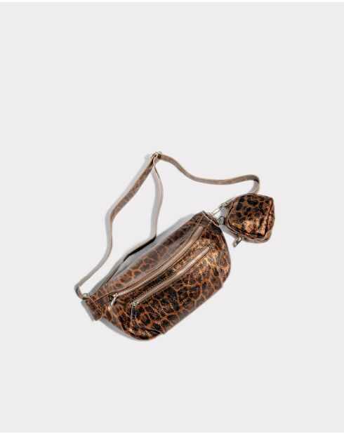 Marsupio Tena in pelle con motivo leopardato nero - 31x14x4,5 cm