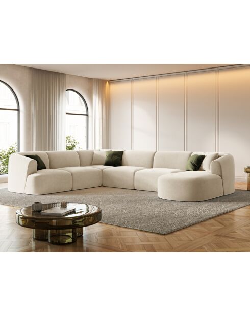 Canapé D'Angle Droit Panoramique Modulable En Velours Talia 7 Places Beige Clair - 330x255x70 cm
