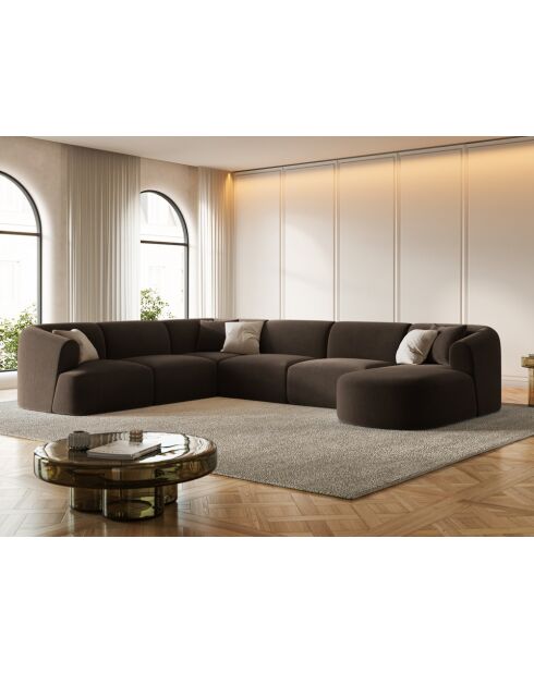 Canapé D'Angle Droit Panoramique Modulable En Velours Talia 7 Places Chocolat - 330x255x70 cm