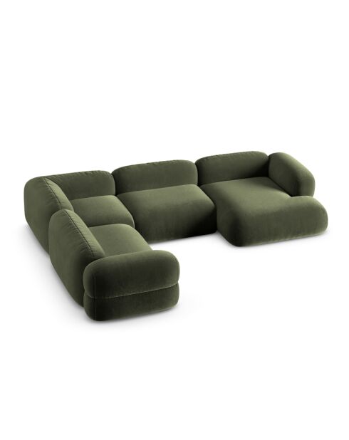 Lony 5-zitsbank van groen fluweel, modulaire panoramische rechterhoekbank - 345x250x68 cm