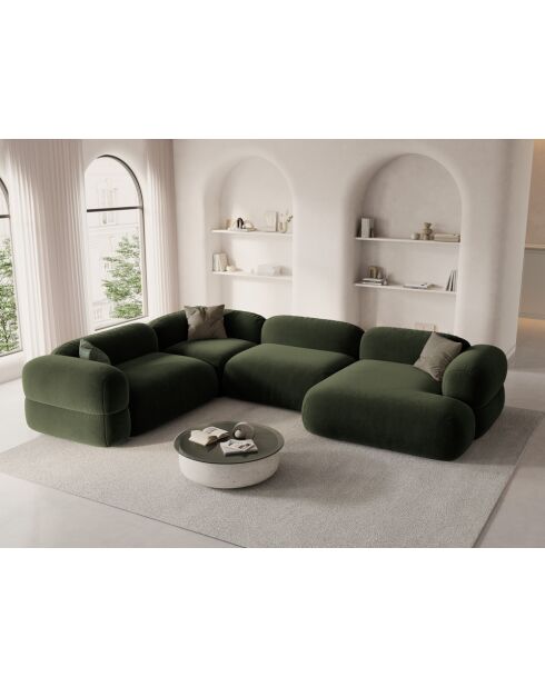 Lony 5-zitsbank van groen fluweel, modulaire panoramische rechterhoekbank - 345x250x68 cm