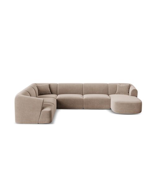 Canapé D'Angle Droit Panoramique Modulable En Velours Talia 7 Places Beige Foncé - 330x255x70 cm