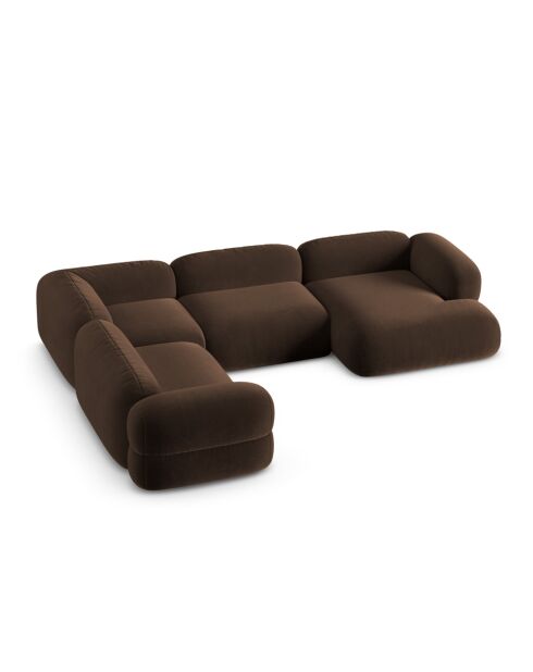 Lony 5-zits chocoladekleurige modulaire panoramische fluwelen hoekbank met rechte hoek - 345x250x68 cm