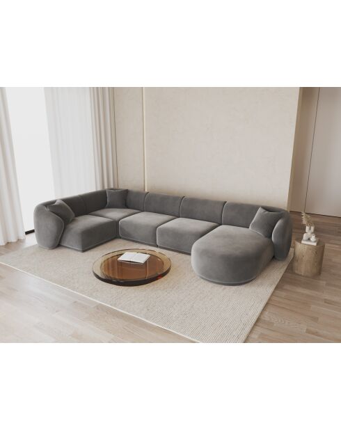 Canapé D'Angle Panoramique (Côté Gauche) Velours Jane 6 Places Gris - 336x166x74 cm