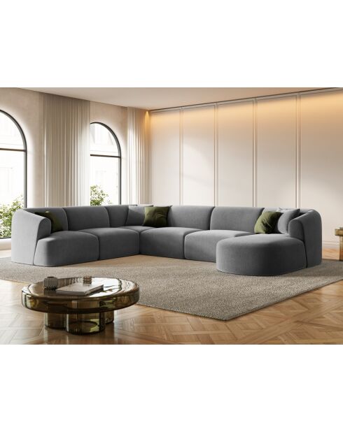 Canapé D'Angle Gauche Panoramique Modulable En Velours Talia 7 Places Gris - 330x255x70 cm