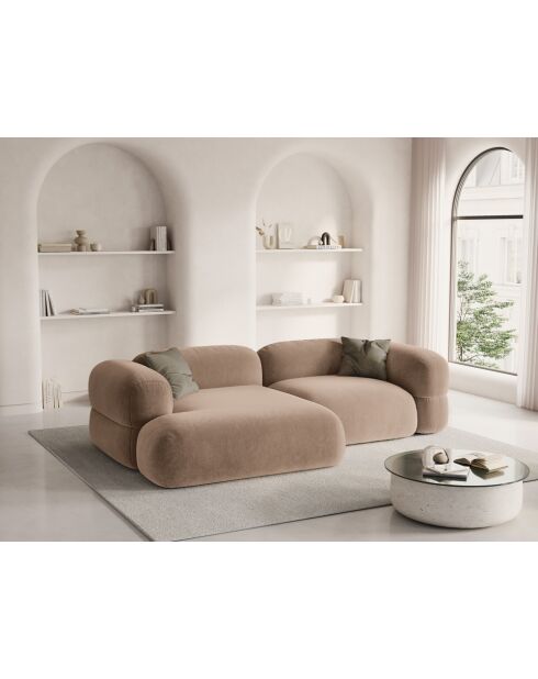 Lony 3-zits driezitsbank, modulair fluweel, donkerbeige, linkerhoekbank, 250x147x68 cm