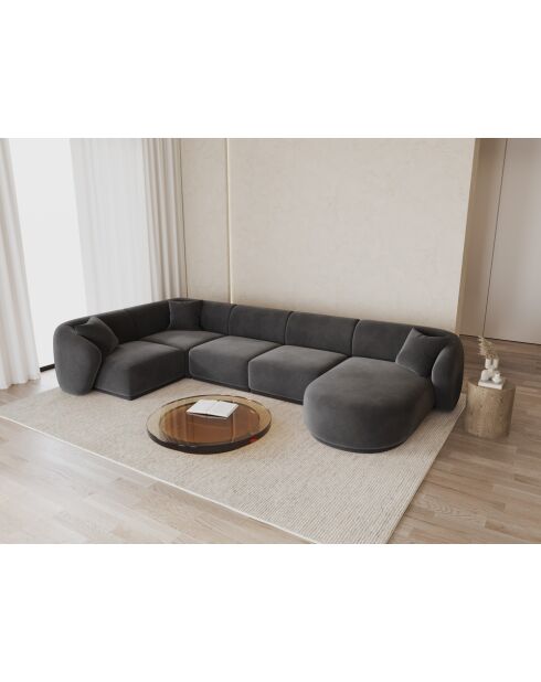 Canapé D'Angle Panoramique (Côté Droit) Velours Jane 6 Places Gris Foncé - 336x166x74 cm