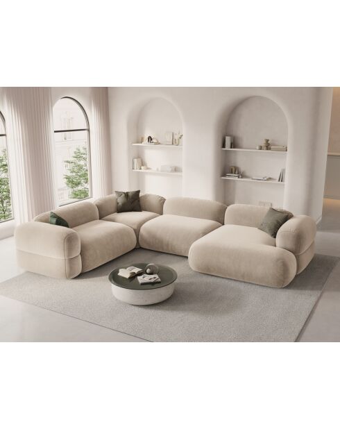 Lony Velvet Modulaire panoramische hoekbank links, 5-zits, lichtbeige, 345x250x68 cm