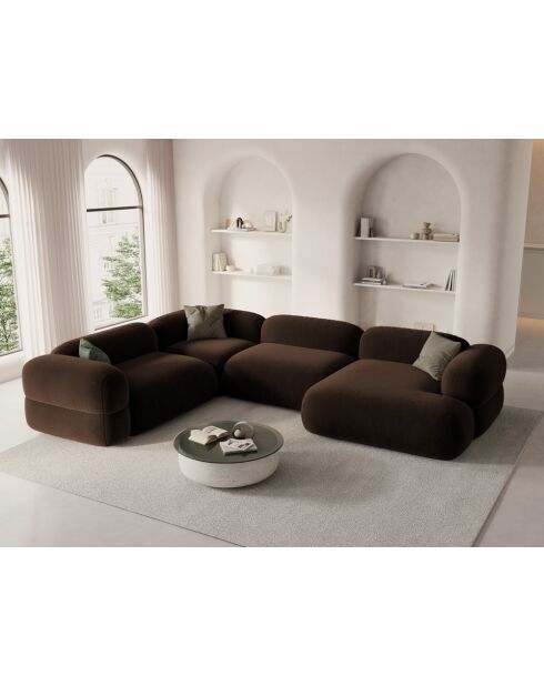 Canapé D'Angle Gauche Panoramique Modulable En Velours Lony 5 Places Chocolat - 345x250x68 cm