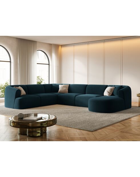 Canapé D'Angle Gauche Panoramique Modulable En Velours Talia 7 Places Pétrole Profond - 330x255x70 cm