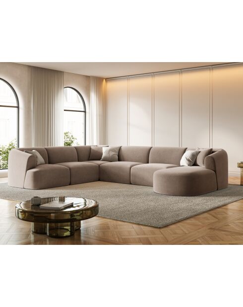 Canapé D'Angle Gauche Panoramique Modulable En Velours Talia 7 Places Beige Foncé - 330x255x70 cm