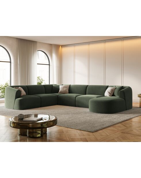 Canapé D'Angle Droit Panoramique Modulable En Velours Talia 7 Places Vert - 330x255x70 cm