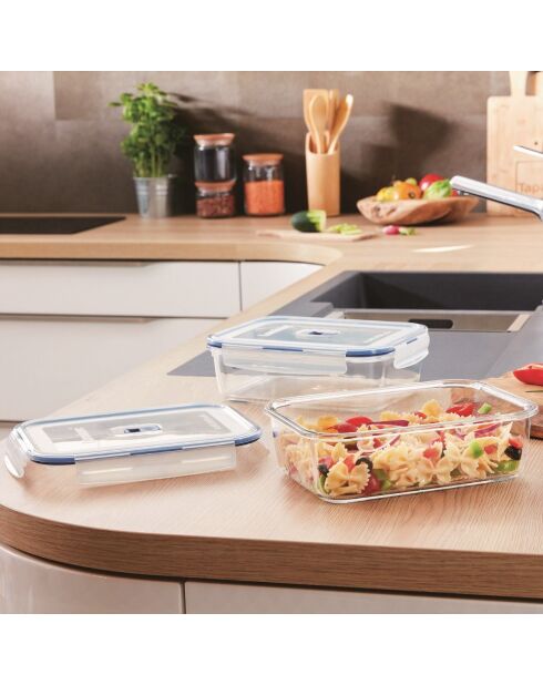 Set mit 3 luftdichten rechteckigen Glasboxen