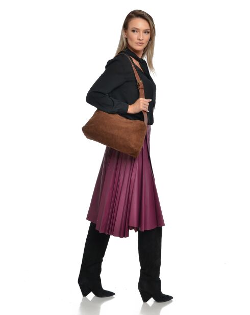 Sofia bruine fluwelen leren schoudertas - 22x35x14 cm