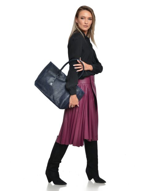 Aurora Croco Tragetasche aus blauem Leder, 28 x 36 x 16 cm