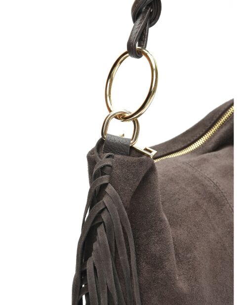 Dunkelbraune Schultertasche Zoé Velvet aus Veloursleder - 26,5 x 36,5 cm