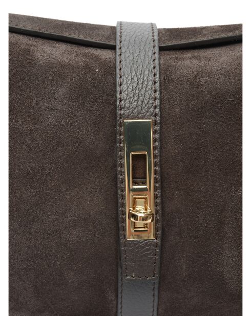 Donkerbruin gevoerde leren fluwelen schoudertas - 17,5x24x6,5 cm