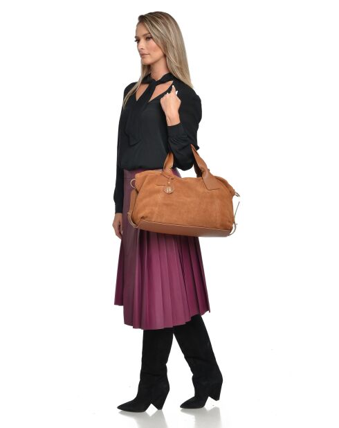 Bolso Alessia de piel aterciopelada coñac - 28x42x15,5 cm