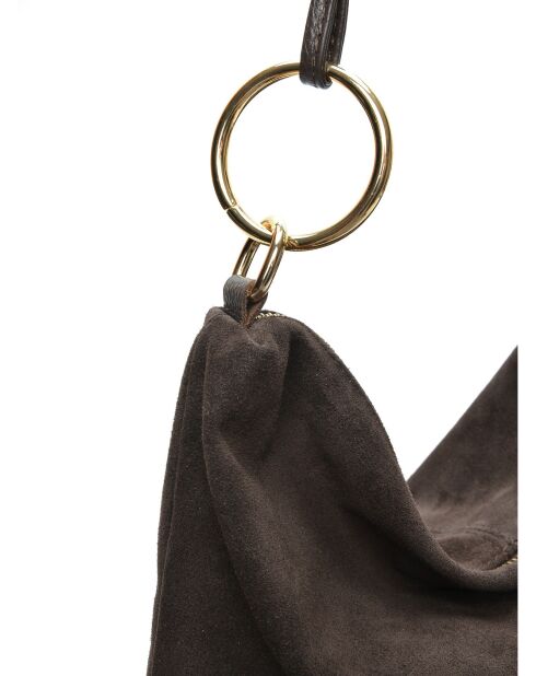 Noémie fluwelen leren schoudertas donkerbruin - 25,5x36 cm