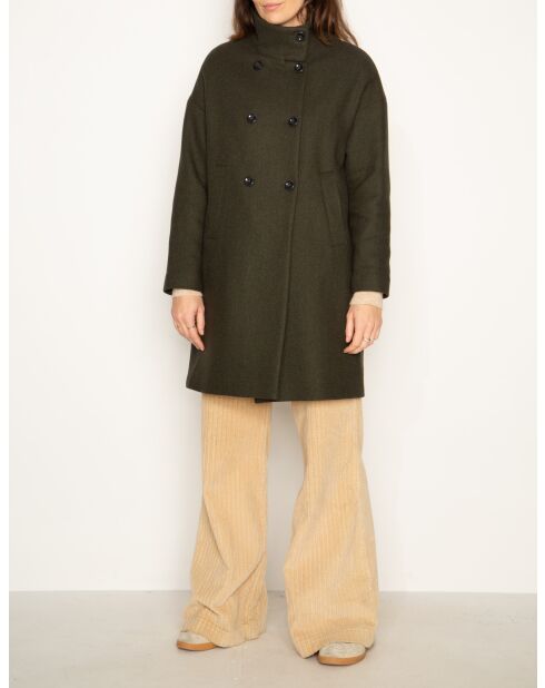 Auberive Mantel aus khakifarbenem Wollstoff mit hohem Kragen