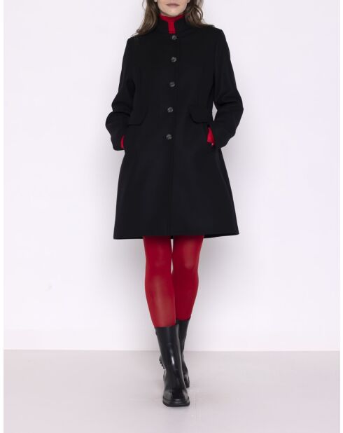 Damenmantel mit Blumenmuster aus schwarzem Wollstoff