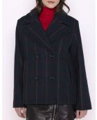 Authentischer blauer karierter Boisset Erbsenmantel aus Wollmischung