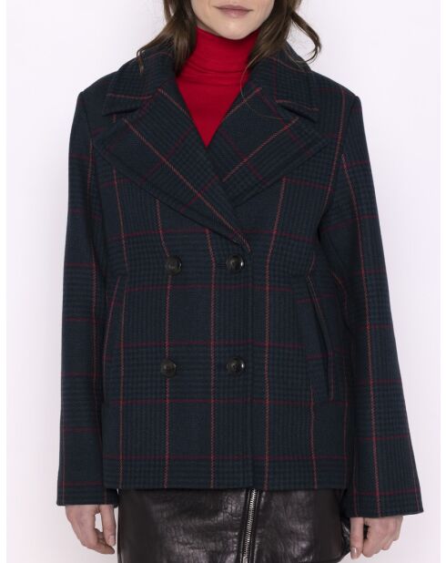 Authentischer blauer karierter Boisset Erbsenmantel aus Wollmischung