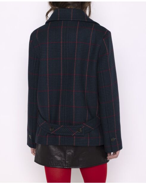 Authentischer blauer karierter Boisset Erbsenmantel aus Wollmischung