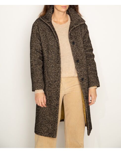 Oversize-Mantel Chablis aus schwarz-beigem Chevron-Wollmix