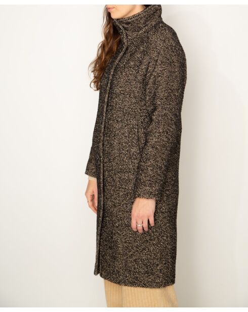 Oversize-Mantel Chablis aus schwarz-beigem Chevron-Wollmix