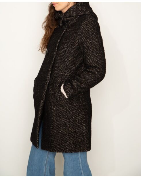 Zwarte wikkeljas met capuchon van wolmix Toberive