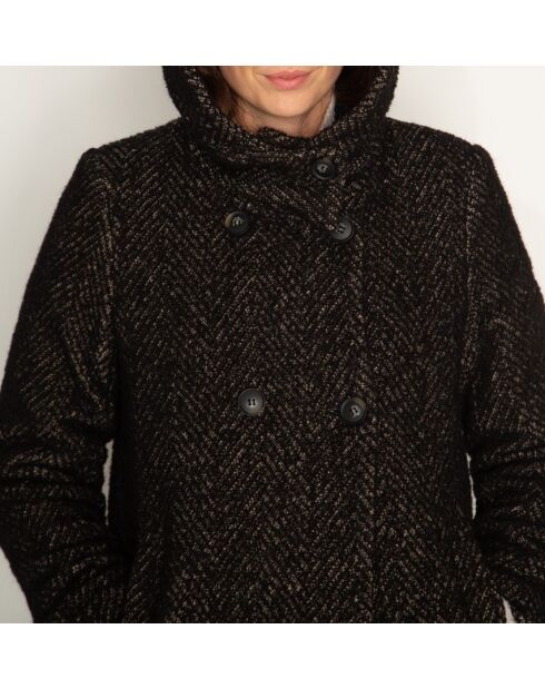 Zwarte wikkeljas met capuchon van wolmix Toberive