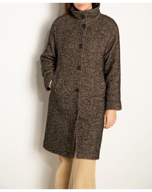 Oversize-Mantel Chablis aus schwarz-beigem Chevron-Wollmix