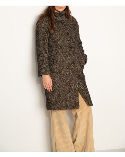 Oversize-Mantel Chablis aus schwarz-beigem Chevron-Wollmix