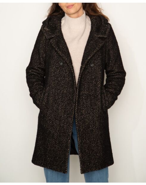 Zwarte wikkeljas met capuchon van wolmix Toberive