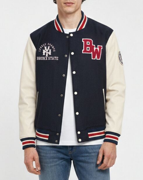 Marineblauwe bruine teddybeer van wol en leer