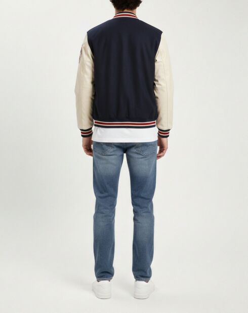 Marineblauwe bruine teddybeer van wol en leer