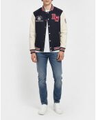 Marineblauwe bruine teddybeer van wol en leer