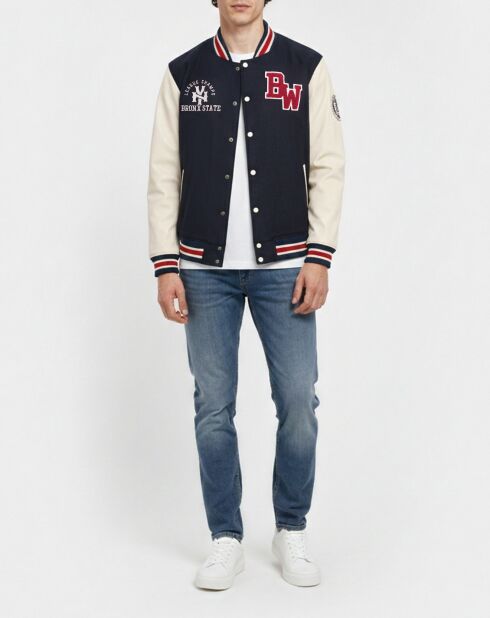 Marineblauwe bruine teddybeer van wol en leer