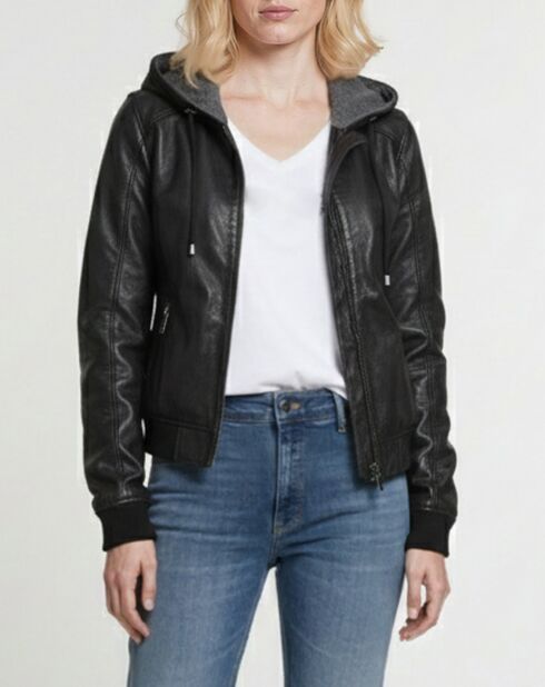 Schwarze Noa Leder-Kapuzenjacke
